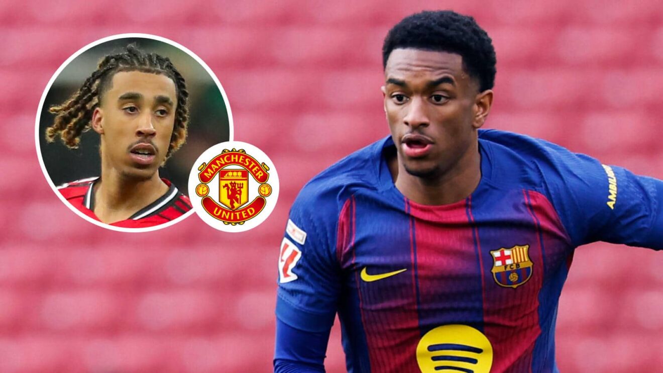 Manchester Joined defender Leny Yoro, Manchester Joined badge and also Barcelona disclaimed-back Alejandro Balde - copyright F365