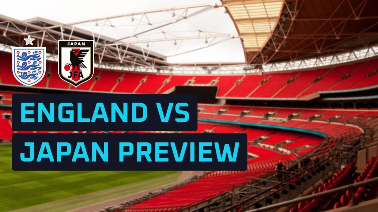 England and Japan badges against a backdrop of Wembley Stadium.