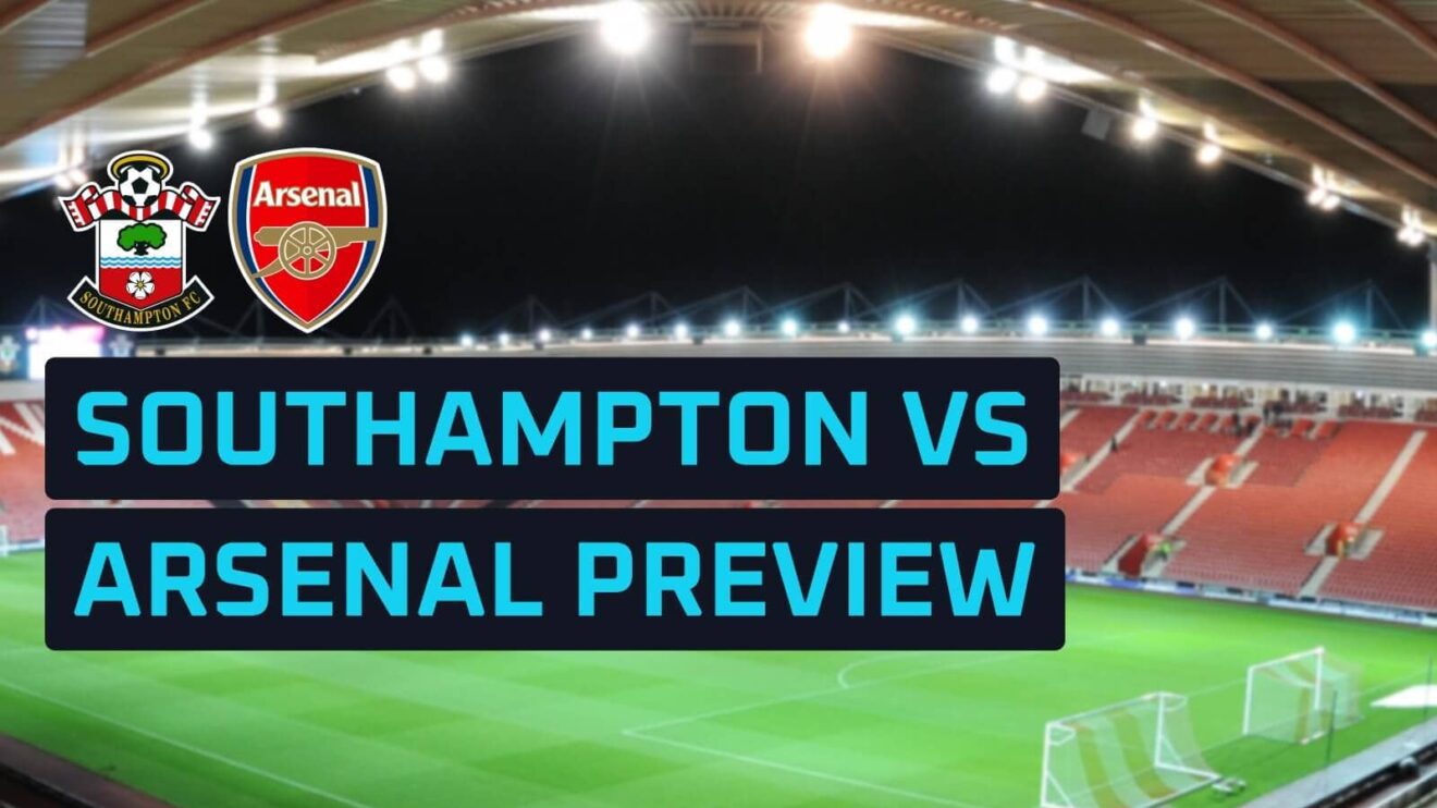 Southampton and Arsenal club badges against a backdrop of St. Mary's Stadium.