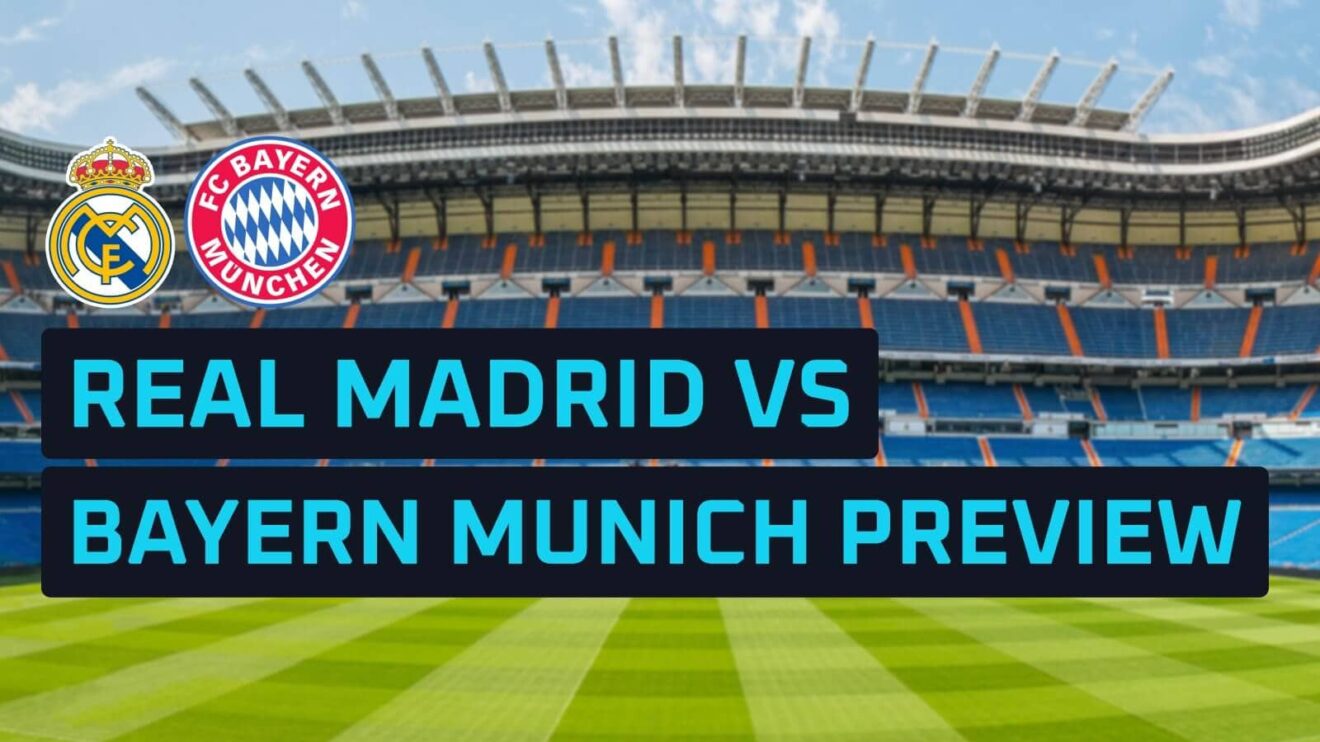 Real Madrid and Bayern Munich club badges against a backdrop of the Bernabeu