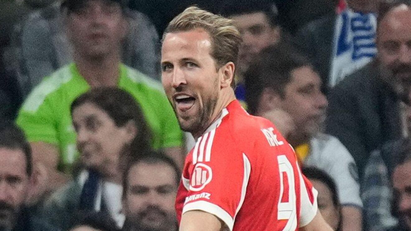 Bayern Munich striker Harry Kane celebrates against Real Madrid