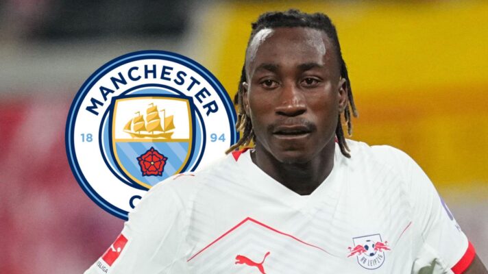 Yan Diomande with Man City's badge.