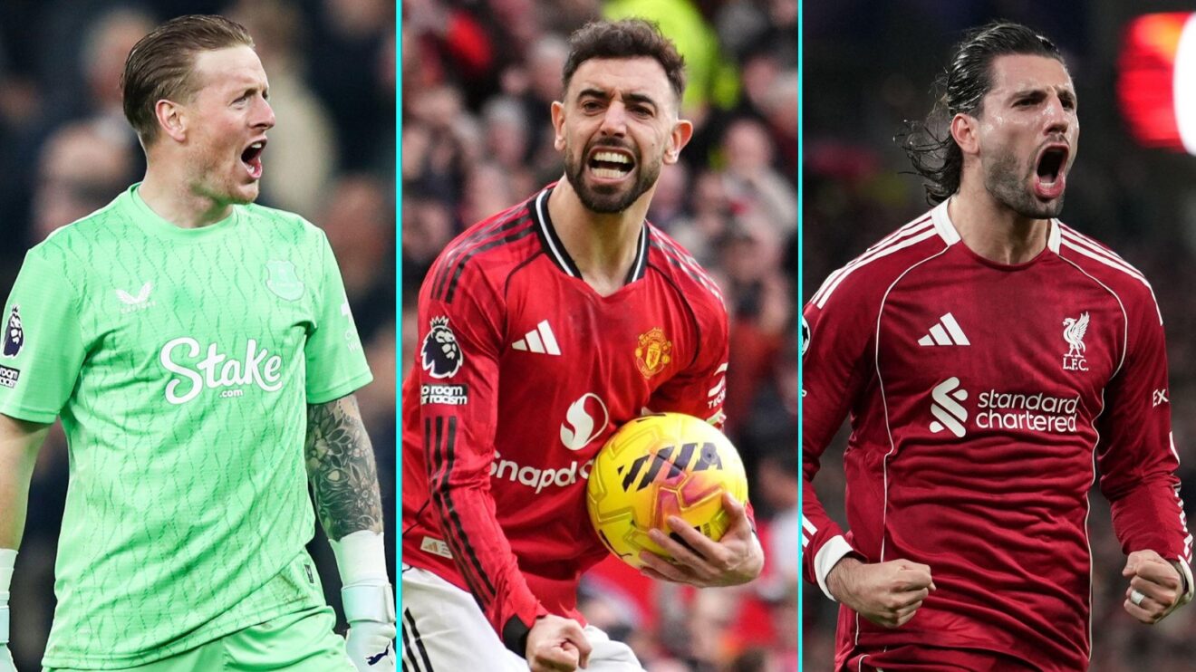 Jordan Pickford, Bruno Fernandes and Dominik Szoboszlai