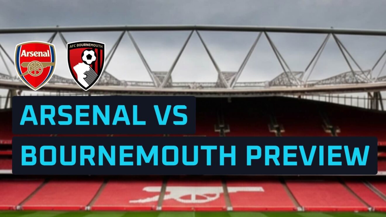 Arsenal and Bournemouth badges on a backdrop of The Emirates