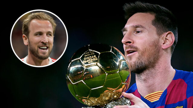 Lionel Messi with the Ballon d'Or and, inset, Harry Kane.