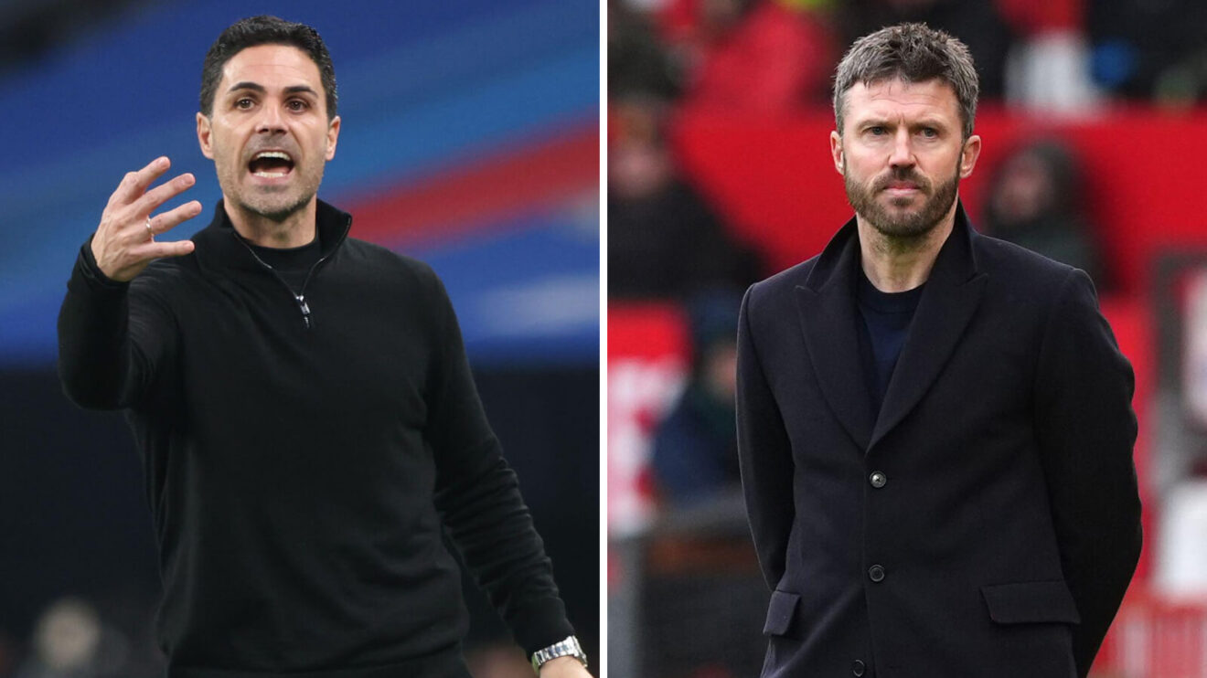 Split image of Arsenal manager Mikel Arteta and Manchester United interim manager Michael Carrick - copyright F365
