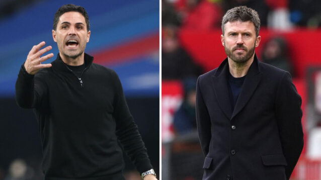 Split image of Arsenal manager Mikel Arteta and Manchester United interim manager Michael Carrick - copyright F365