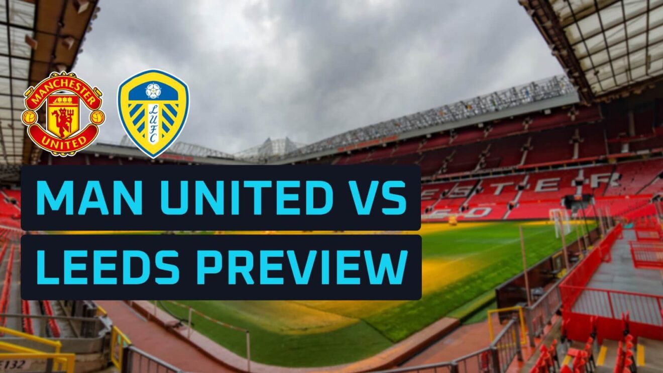 Manchester United and Leeds badges on a backdrop of Old Trafford