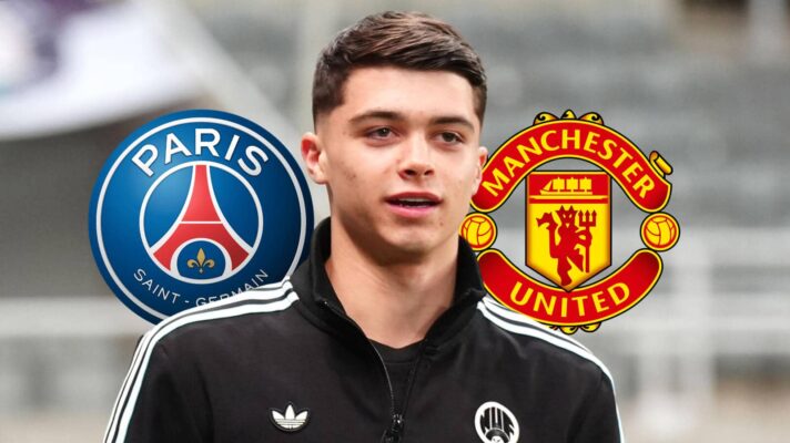 Newcastle's Lewis Miley with PSG and Man Utd badges