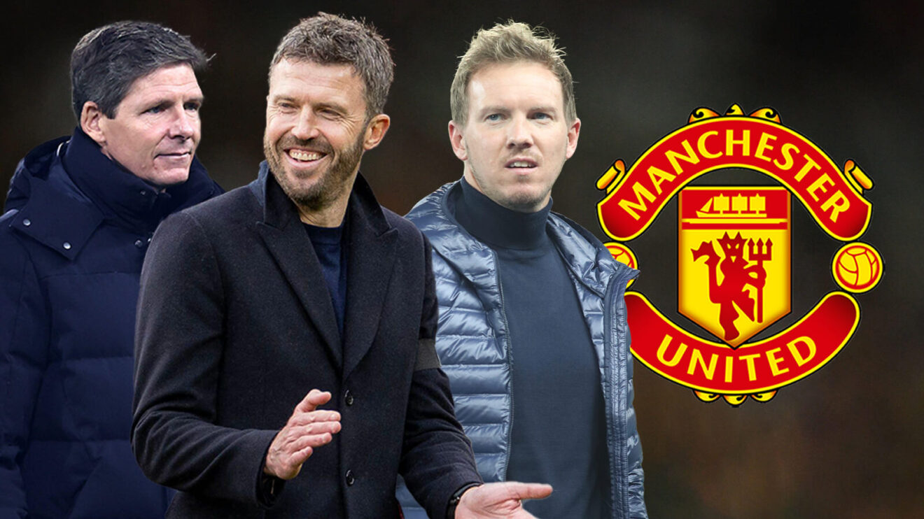 Michael Carrick, Julian Nagelsmann and Oliver Glasner with Man Utd badge.