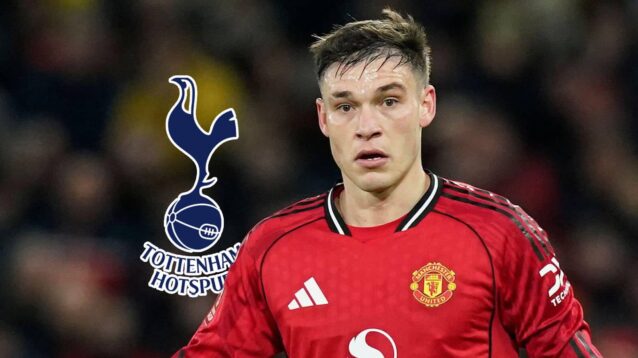 Tottenham Hotspur badge and Manchester United midfielder Manuel Ugarte - copyright F365