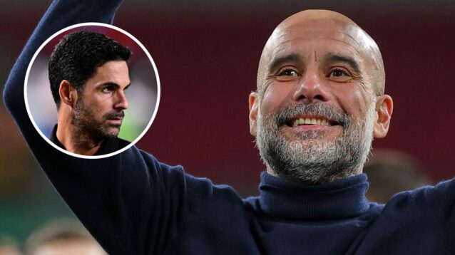 Arsenal manager Mikel Arteta and Manchester City manager Pep Guardiola - copyright F365