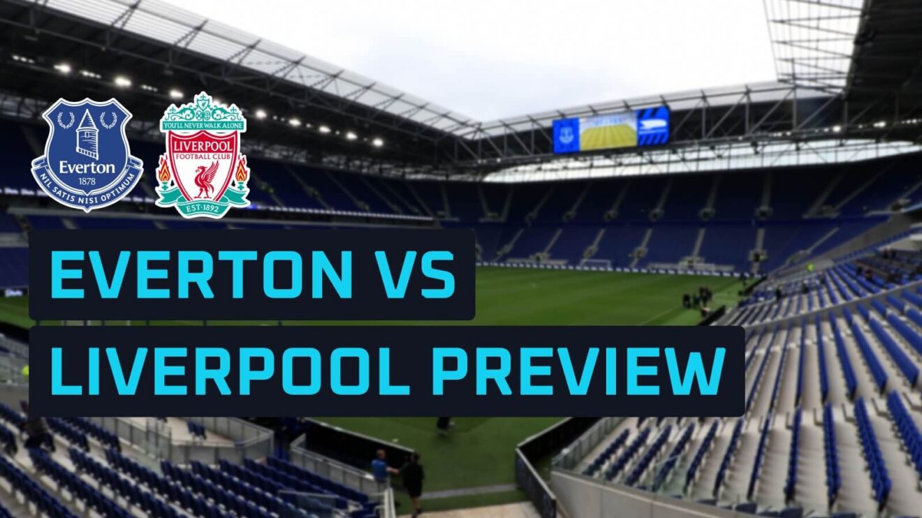 Everton and Liverpool badges on a backdrop of the Hill Dickinson Stadium