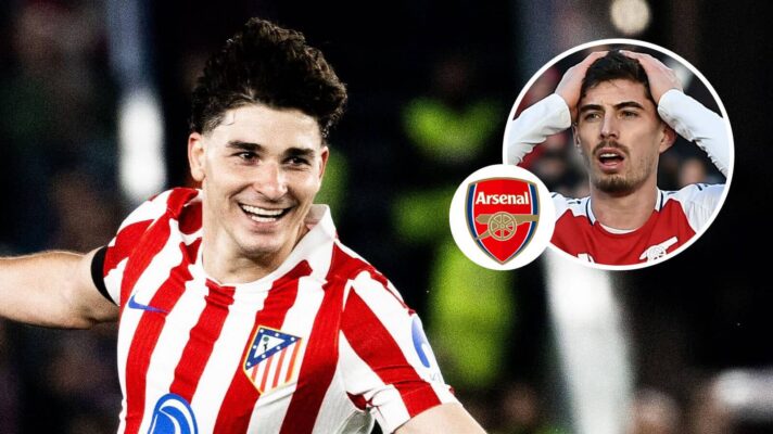 Atletico Madrid striker Julian Alvarez, Arsenal badge and Arsenal forward Kai Havertz - copyright F365