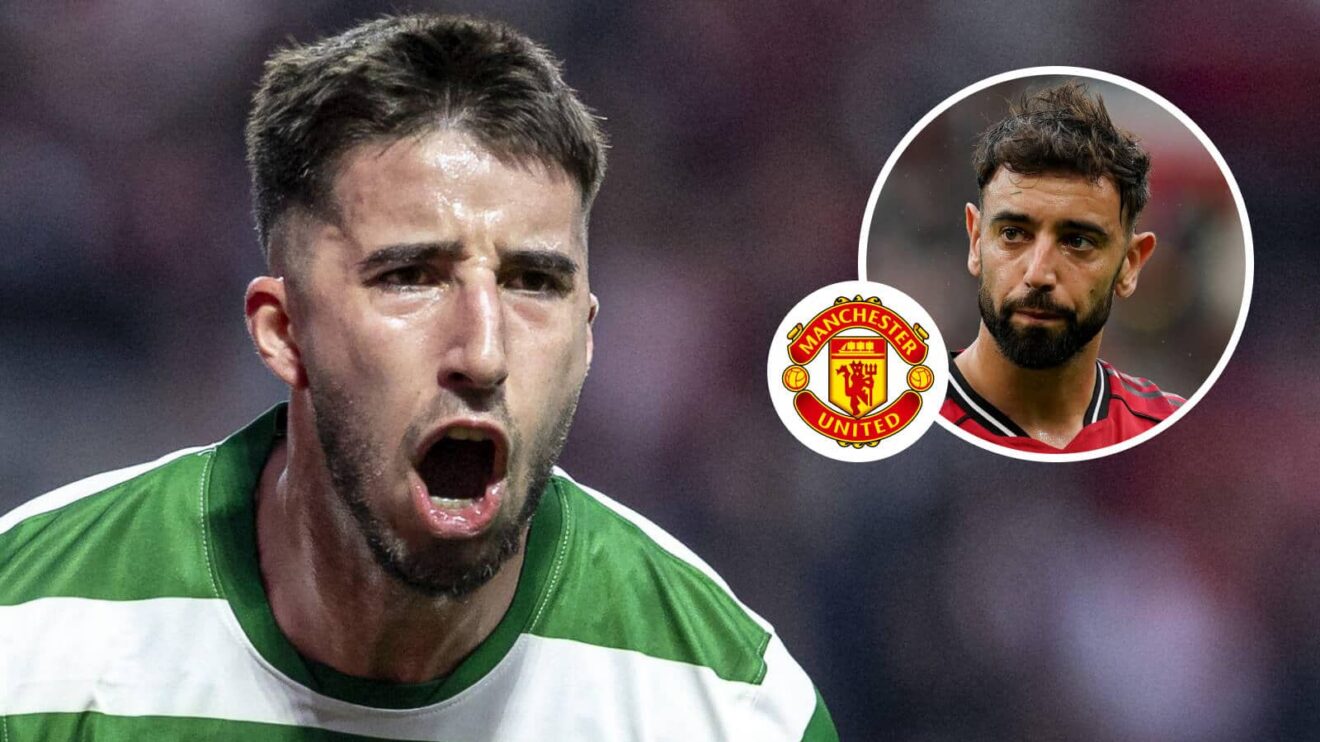 Sporting CP protector Goncalo Inacio, Manchester United badge and also Bruno Fernandes - copyright F365