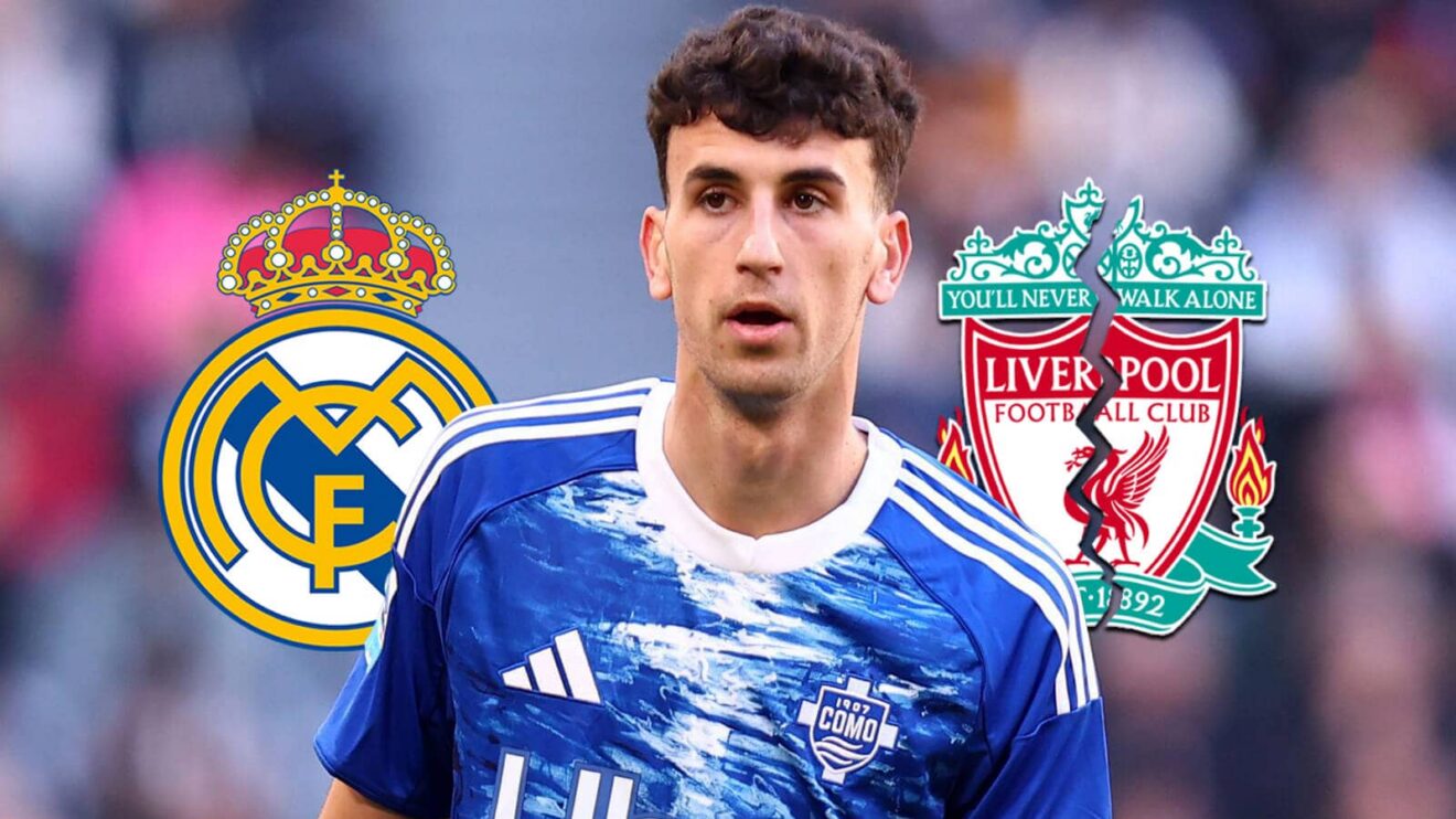 Real Madrid badge, Como defender Jacobo Ramon and cracked Liverpool badge - copyright F365