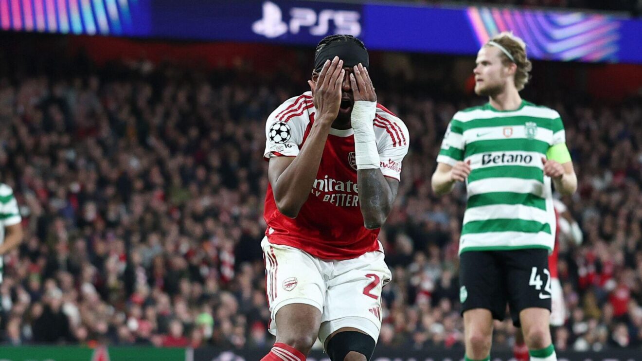 Noni Madueke reacts to a missed chance as Arsenal draw 0-0 with Sporting in the Champions League