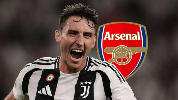 Juventus star Andrea Cambiaso next to the Arsenal badge - copyright F365