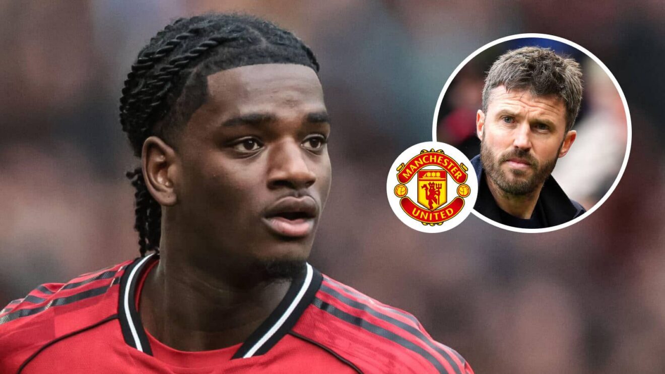 Manchester United defender Ayden Heaven, Manchester United badge and interim manager Michael Carrick - copyright F365