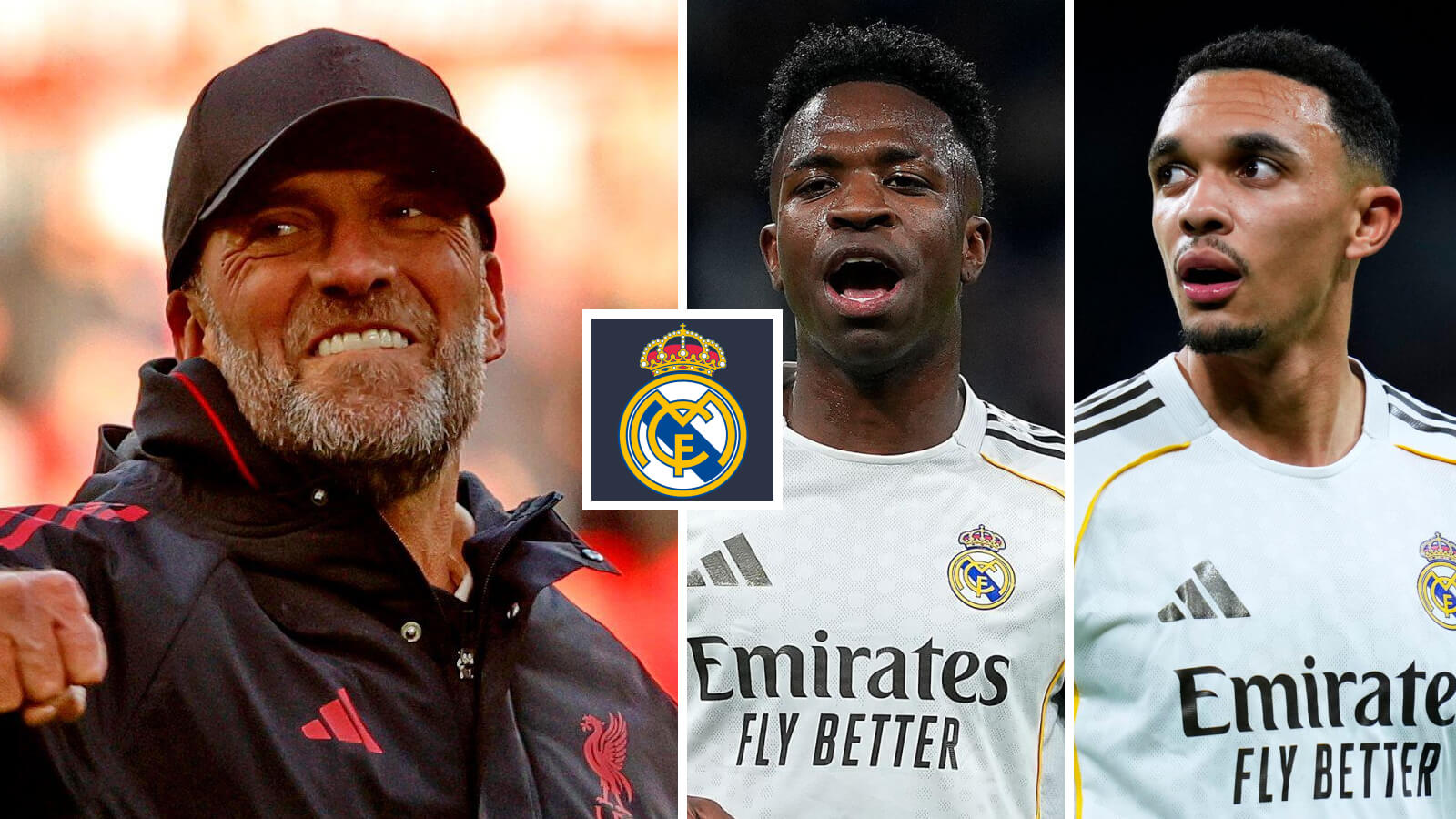 Three Images Collage Jurgen Klopp Vinicius Junior Trent Alexander Arnold
