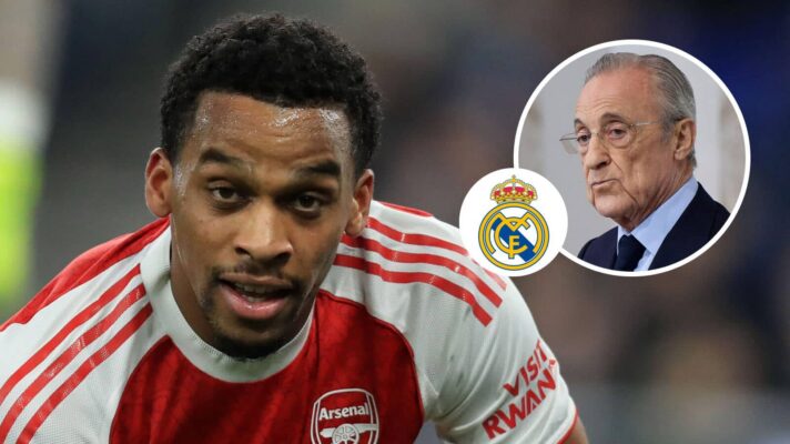 Arsenal defender Jurrien Timber, Real Madrid badge and Real Madrid president Florentino Perez - copyright F365