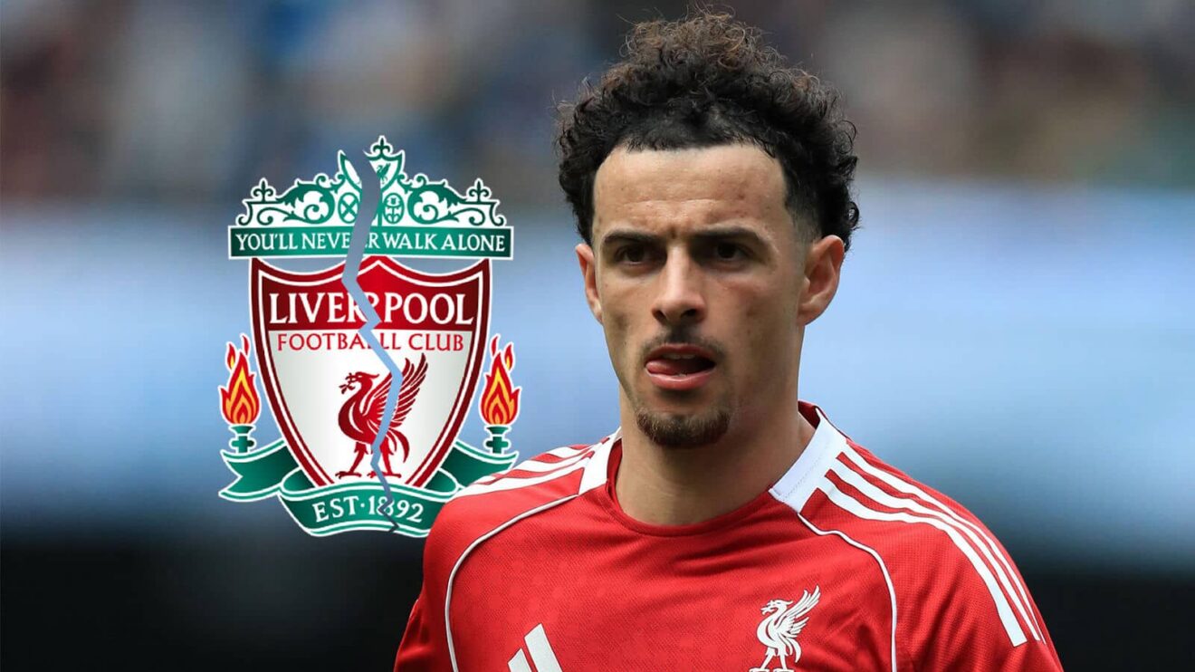 Divided Liverpool badge and also Liverpool midfielder Curtis Jones