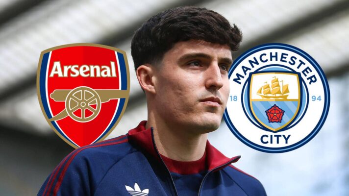 Arsenal badge, Newcastle United star Tino Livramento and Manchester City badge - copyright F365