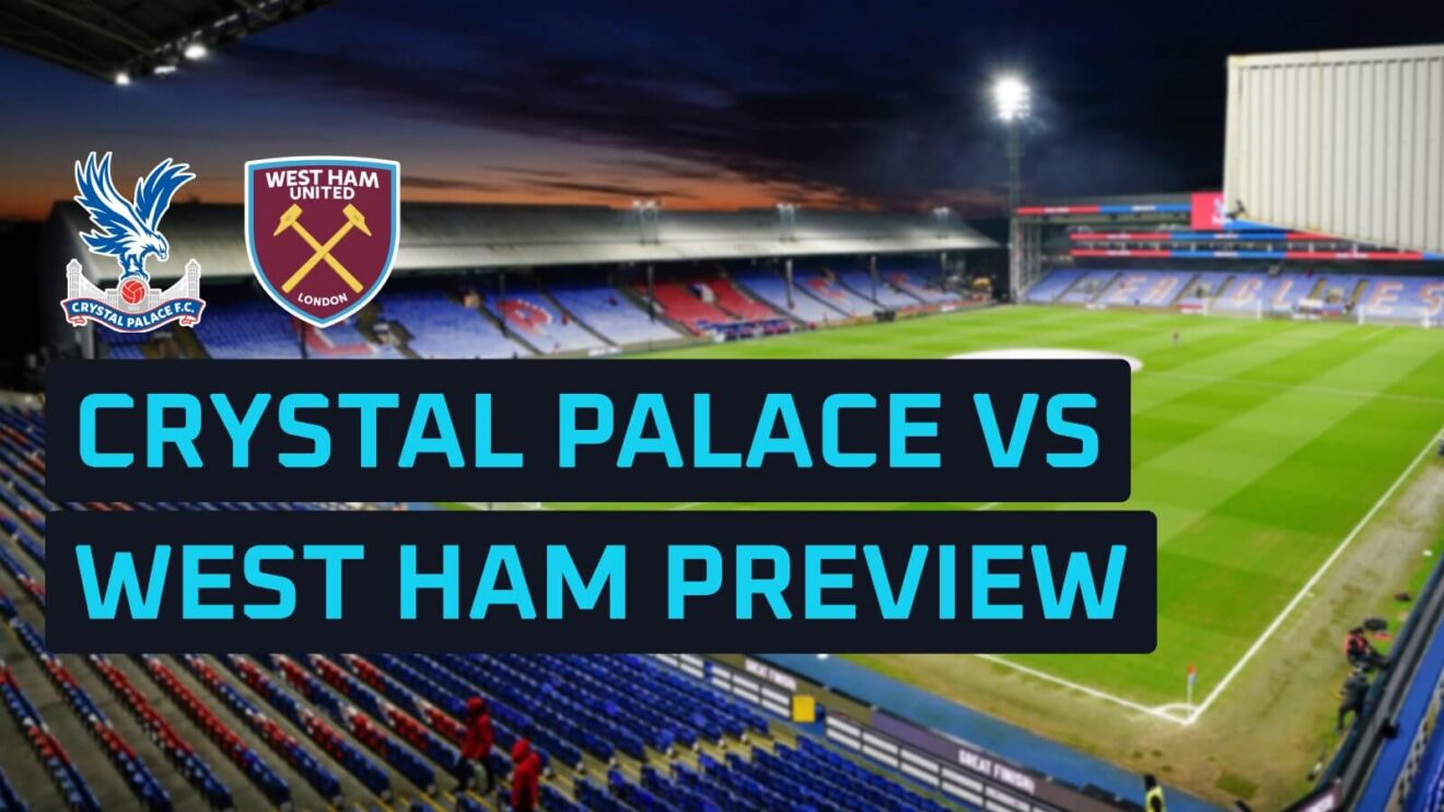 Crystal Palace and West Ham badges with Selhurst Park as the backdrop