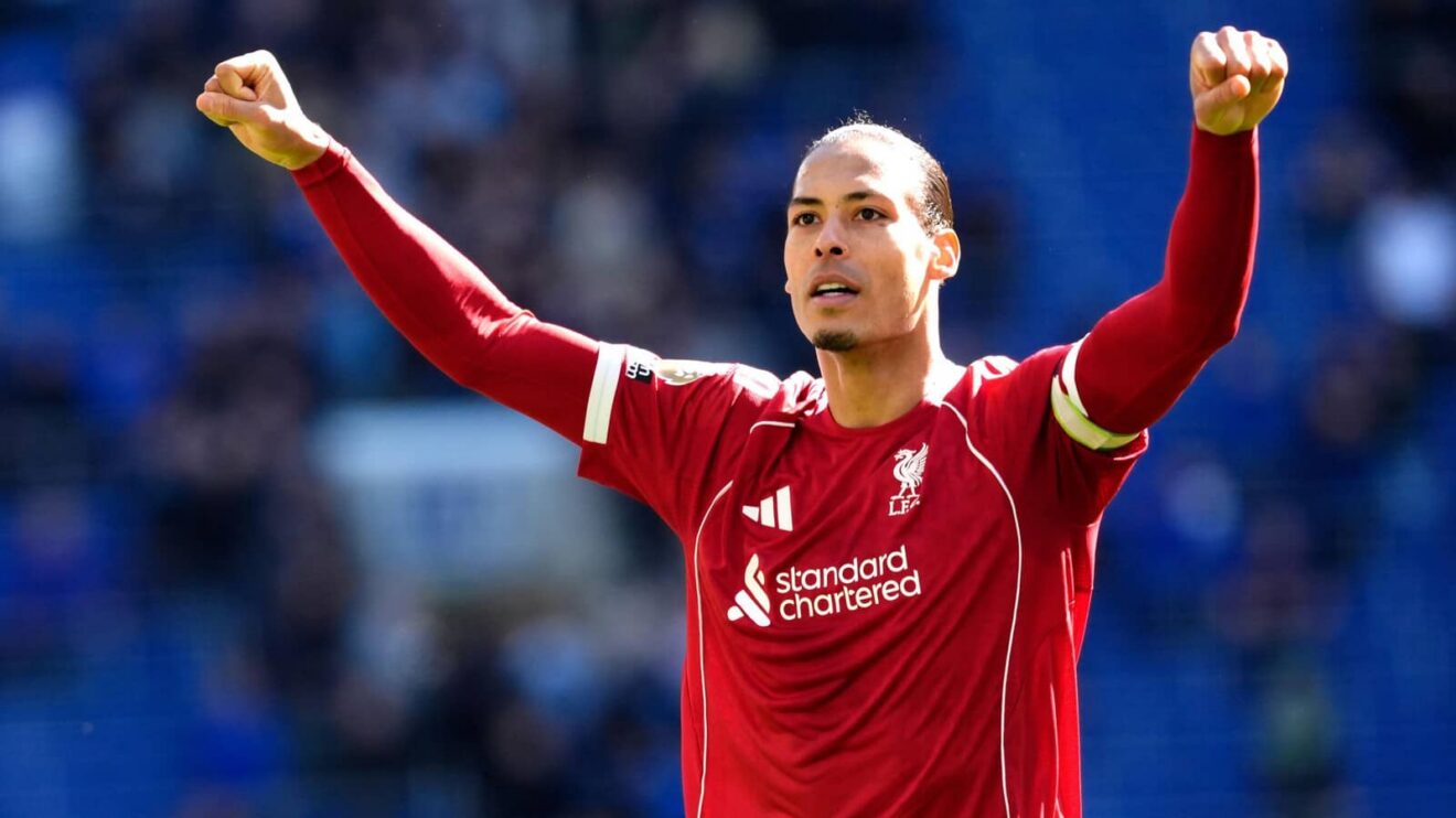 Virgil van Dijk celebrates racking up for Liverpool