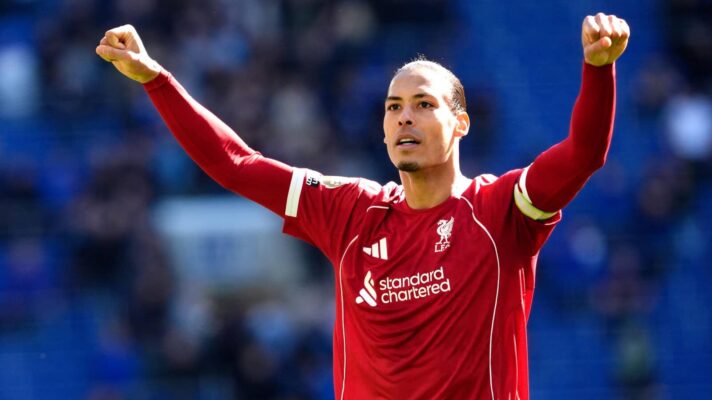 Virgil van Dijk celebrates scoring for Liverpool