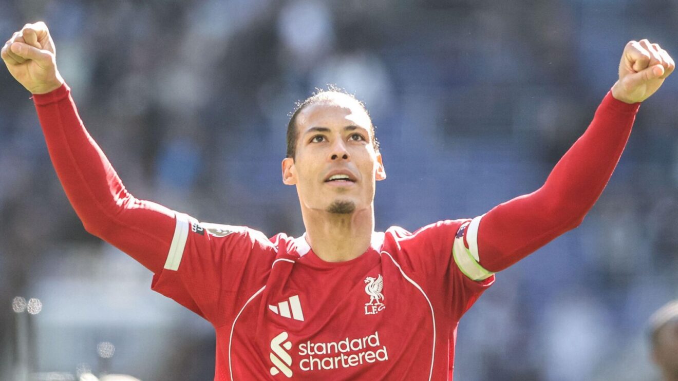 Virgil van Dijk celebrates after scoring a late winner for Liverpool at Everton