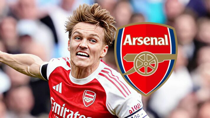 Arsenal star Martin Odegaard next to the Arsenal badge - copyright F365