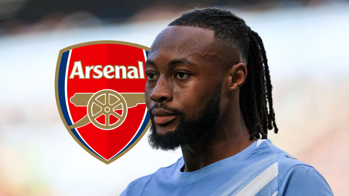 Antoine Semenyo through Arsenal badge.