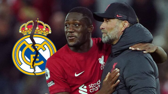 Cracked Real Madrid badge, Liverpool defender Ibrahima Konate and Jurgen Klopp - copyright F365