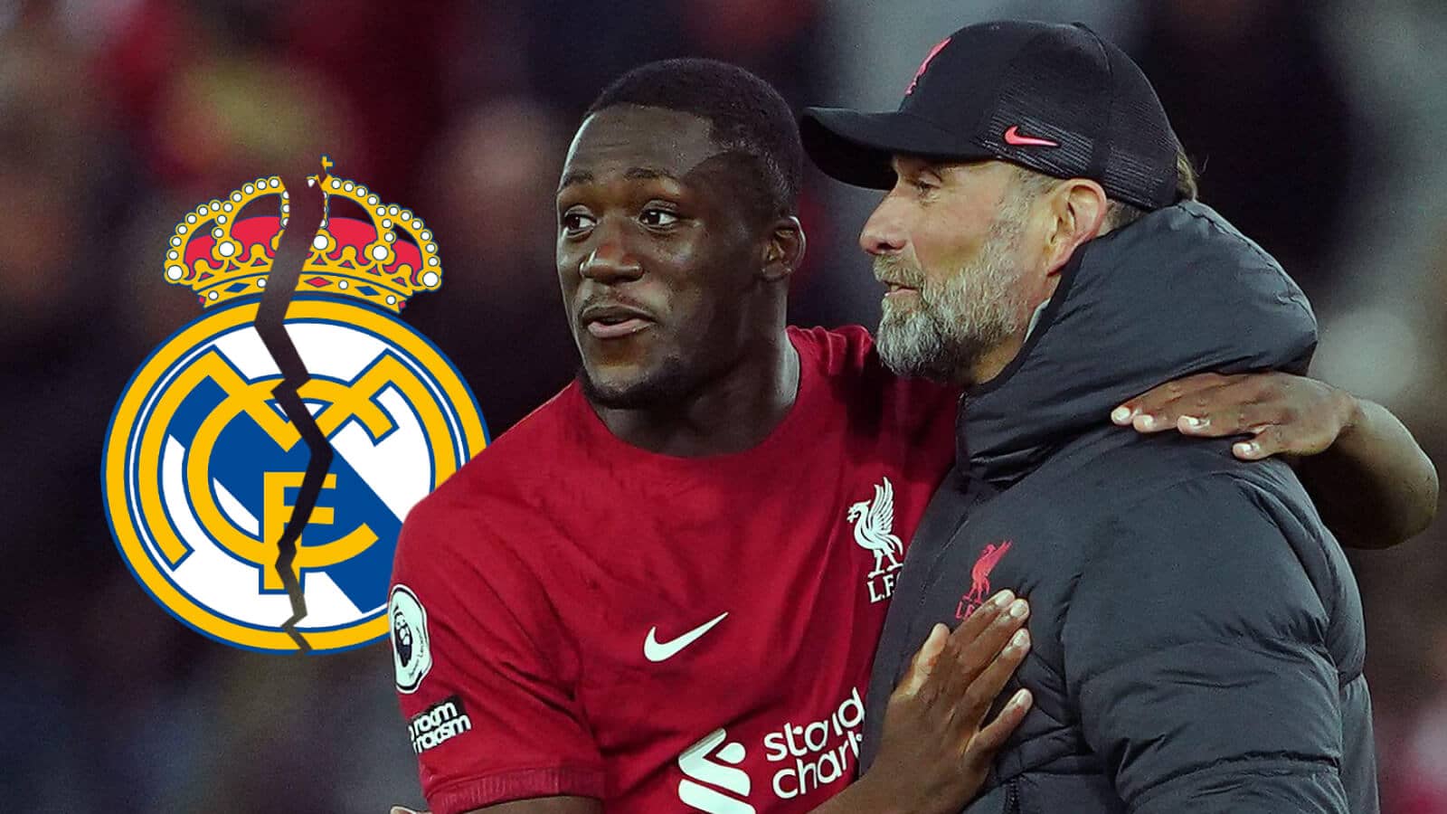 F365 Jurgen Klopp and Ibrahima Konate with Cracked Real Madrid badge 1 1