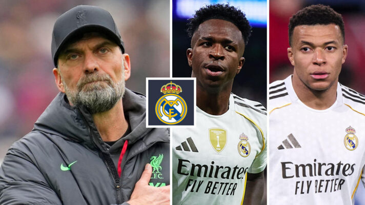 Real Madrid manager target Jurgen Klopp with Vinicius Junior and Kylian Mbappe