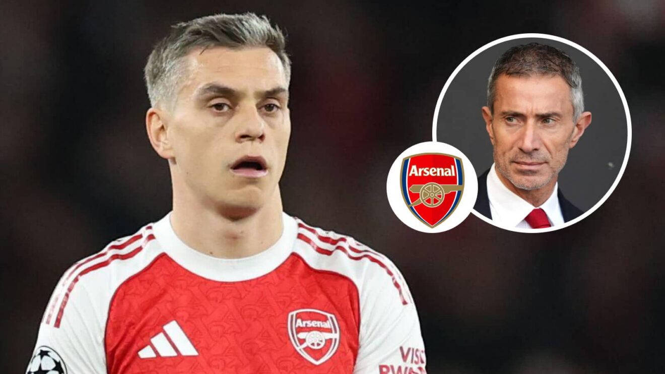 Arsenal winger Leandro Trossard, Arsenal badge and also Andrea Berta - copyright F365