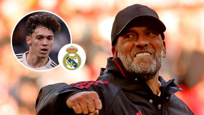 Real Madrid midfielder Thiago Pitarch, Real Madrid badge and Jurgen Klopp - copyright F365