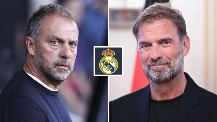 A Real Madrid badge with Jurgen Klopp and Hansi Flick