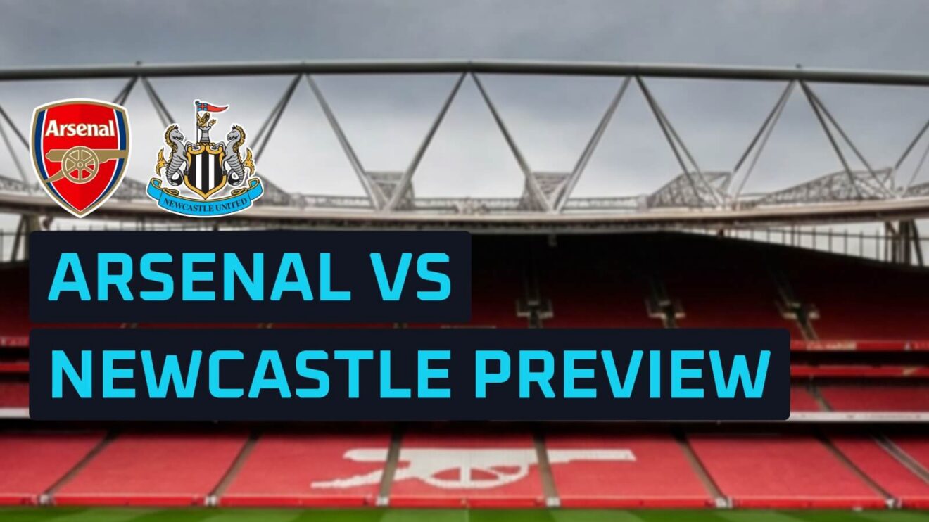 Arsenal and Newcastle badges on a backdrop of The Emirates