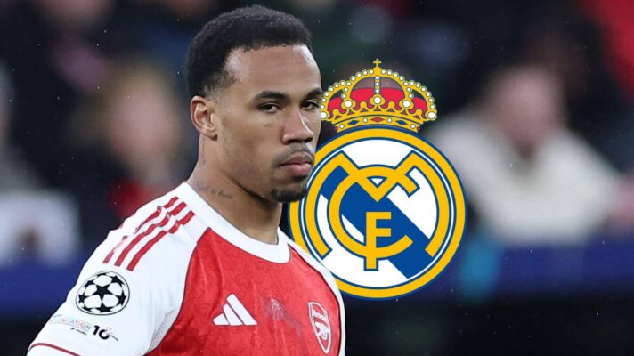 Arsenal defender Gabriel next to the Real Madrid badge - copyright F365