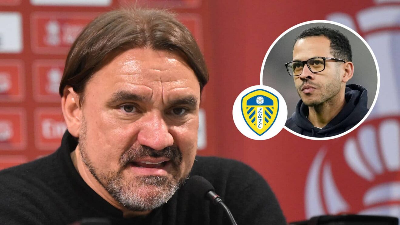 Leeds boss Daniel Farke and, inset, former Chelsea boss Liam Rosenior alongside the Leeds Unied badge