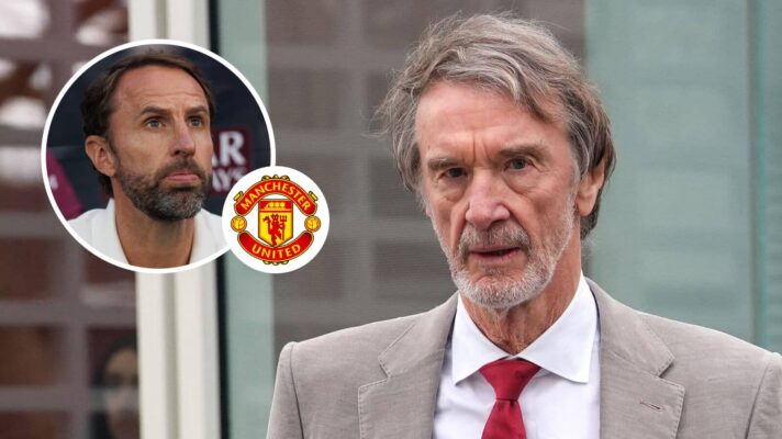 Gareth Southgate, Manchester United badge and Sir Jim Ratcliffe - copyright F365