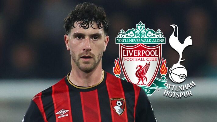 Marcos Senesi with Spurs and Liverpool badges