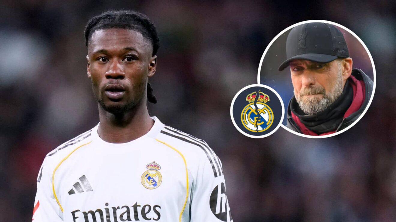 Real Madrid midfielder Eduardo Camavinga, damaged Real Madrid badge and also previous Liverpool boss Jurgen Klopp - copyright F365