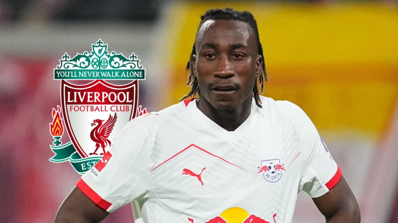 Liverpool badge next to RB Leipzig winger Yan Diomande - copyright F365
