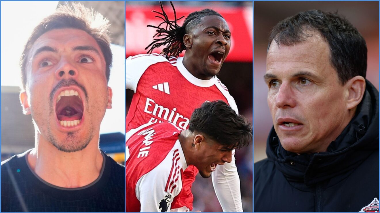 Joao Palhinha of Spurs, Arsenal's Ebere Eze and Piero Hincapie, and Sunderland coach Regis Le Bris