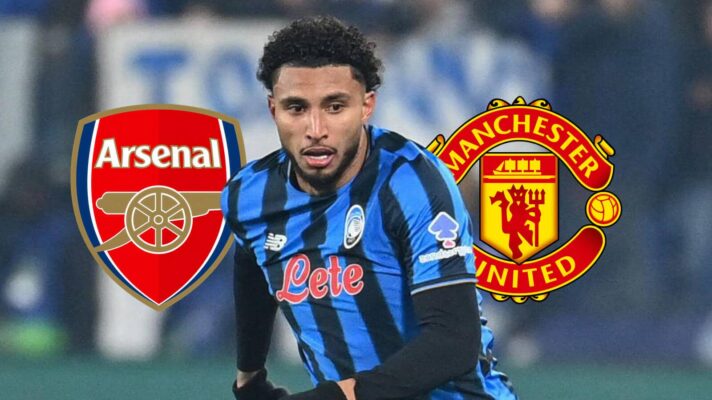 Arsenal badge, Atalanta midfielder Ederson and Manchester United badge - copyright F365