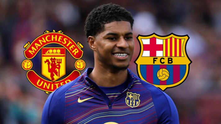Manchester United badge, Marcus Rashford and Barcelona badge - copyright F365