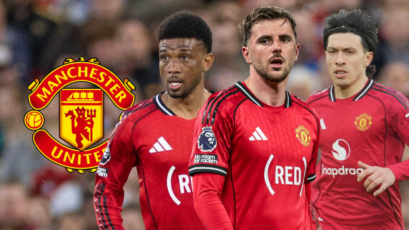 Lisandro Martinez, Mason Mount, and Amad Diallo with Man Utd badge.